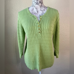 Karen Scott green cable‎ knit V neck button sweater